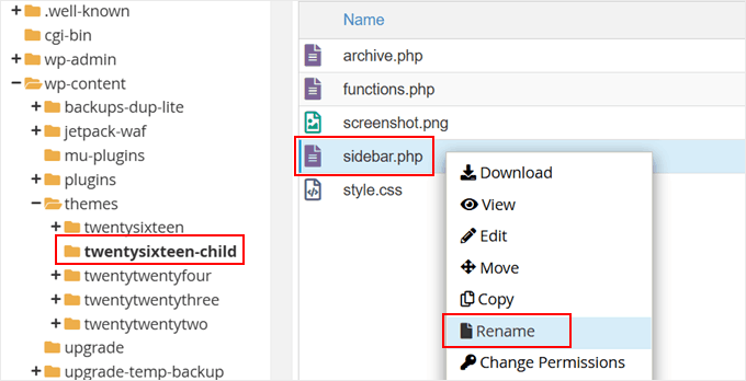 Renaming sidebar.php file in Bluehost file manager