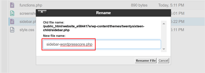 Giving a new name to the sidebar.php file in Bluehost file manager