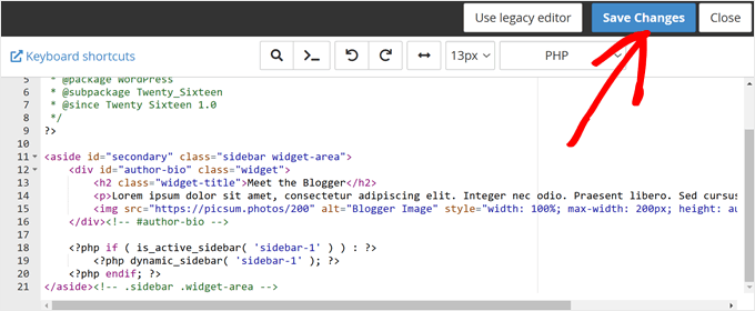 Saving changes made to the sidebar.php file in Bluehost file manager