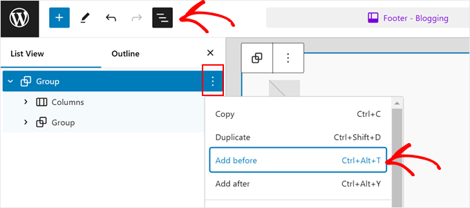 Adding a block before the default footer template with FSE