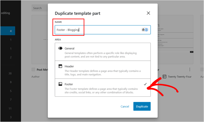 Creating a new footer template part in FSE