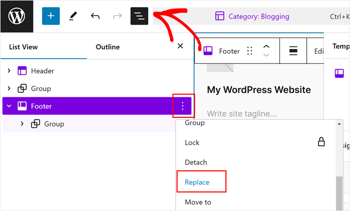 Replacing the footer template part in FSE