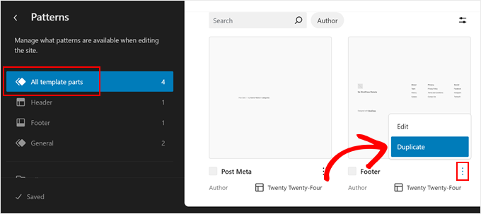 Duplicating the footer template part in FSE