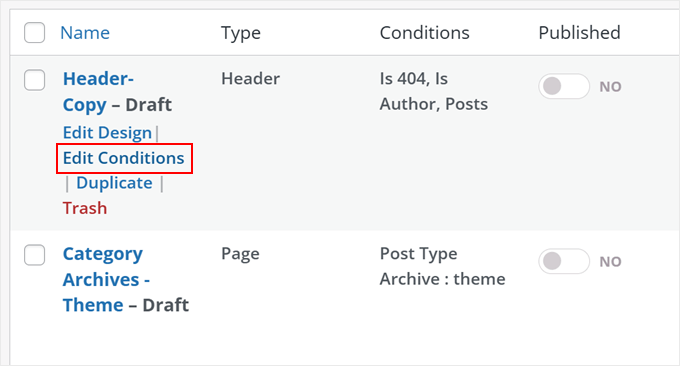 Editing the header template conditions in SeedProd