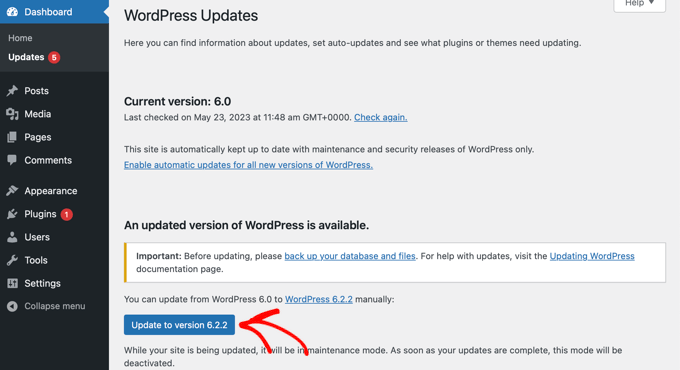 Upgrading WordPress Core From the Dashboard