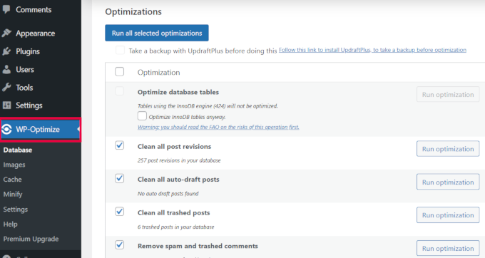 Optimizing WordPress database using WP-Optimize