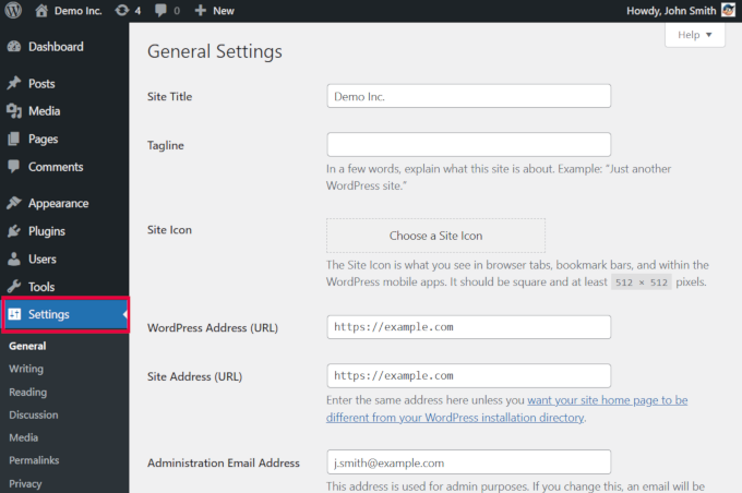 WordPress settings