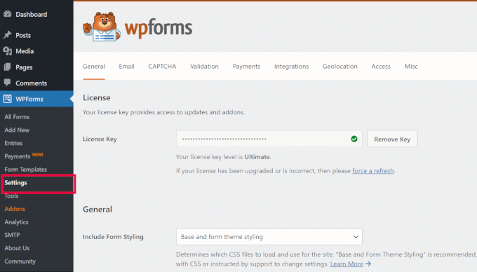 WPForms settings page