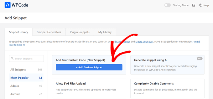 Select the 'Add Your Custom Code (New Snippet) option from the library