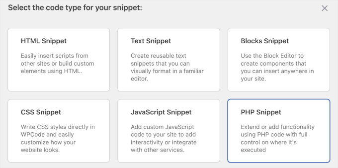 Choosing the PHP code type