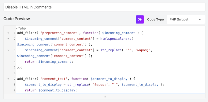 Previewing code snippet for disabling HTML comments