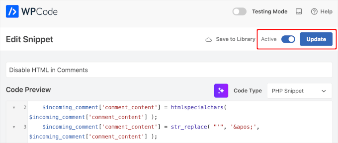 Saving the disabling HTML comments snippet