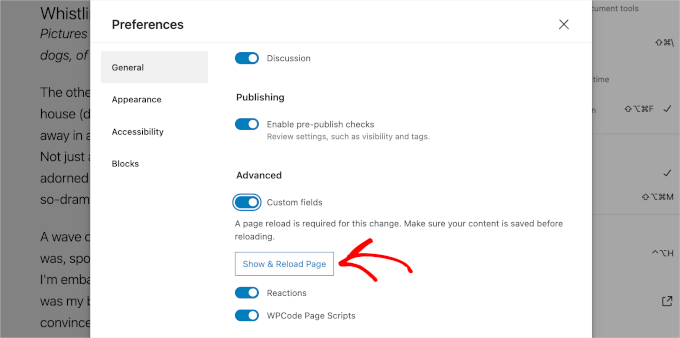 Show and Reload Page button to enable custom fields