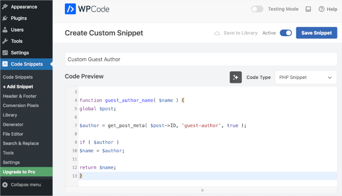 Adding Guest Author's PHP snippet using WPCode
