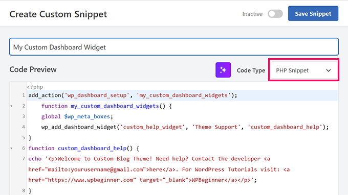 Adding custom widget code