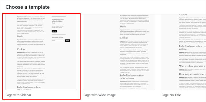 Choosing the new template with the new sidebar in full-site editor