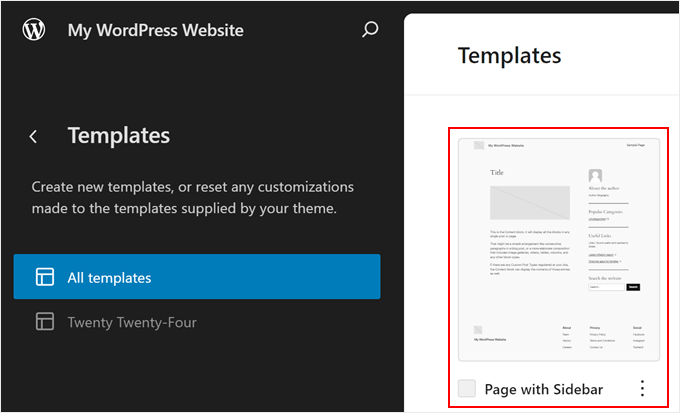 Choosing the page template with sidebar in full-site editor