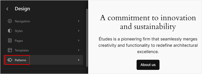 Opening the Patterns menu in full-site editor
