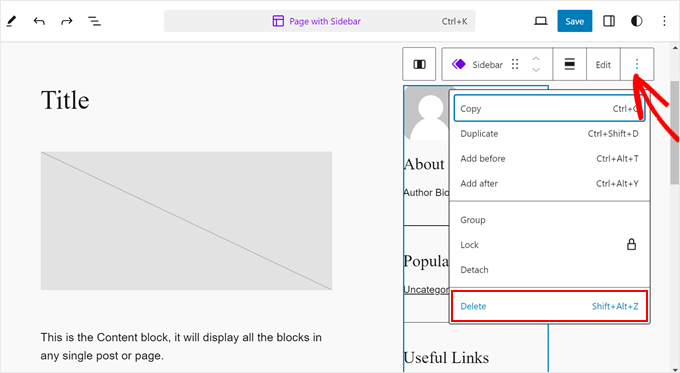 Deleting the old sidebar template in full-site editor