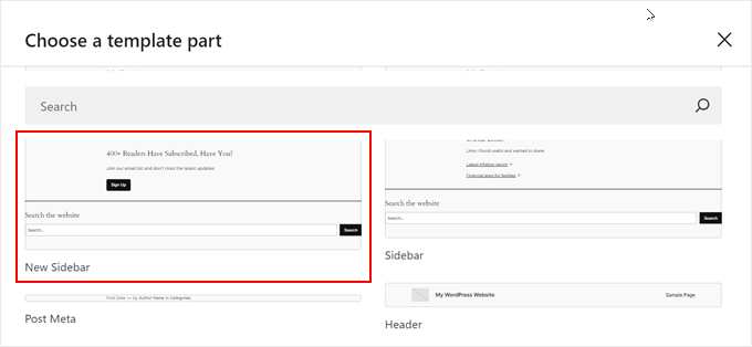 Choosing the new sidebar in the full-site editor