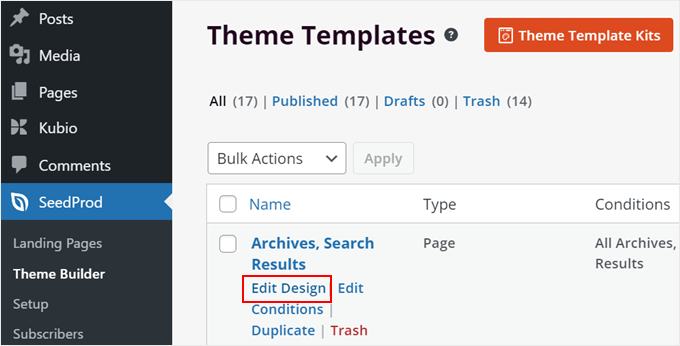 Editing the theme template page in SeedProd