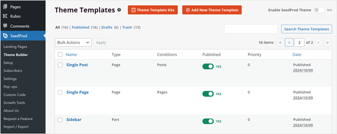 The Theme Templates page on SeedProd