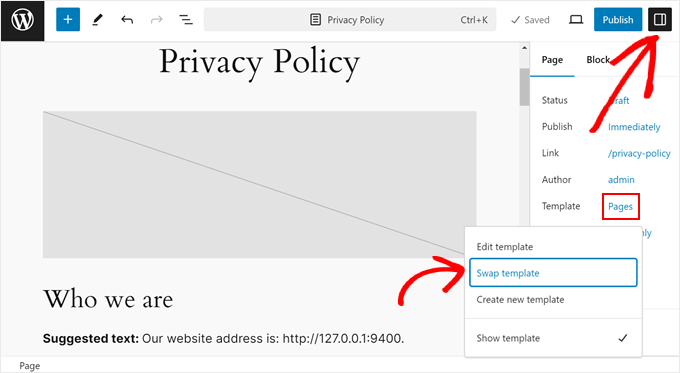 Swapping the page template for the Privacy Policy page in full-site editor