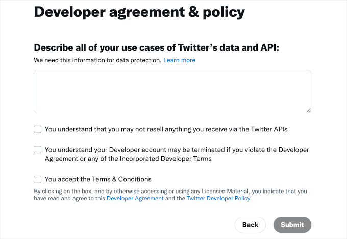 Agreeing to the Twitter Developers terms