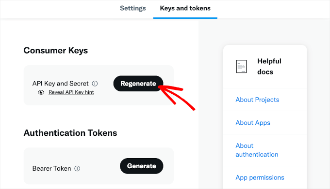 The regenerate button in X developers portal