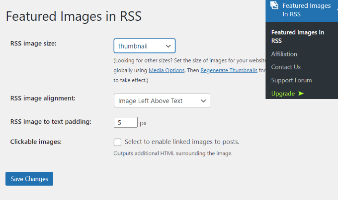 Imagens em destaque nas configurações de RSS