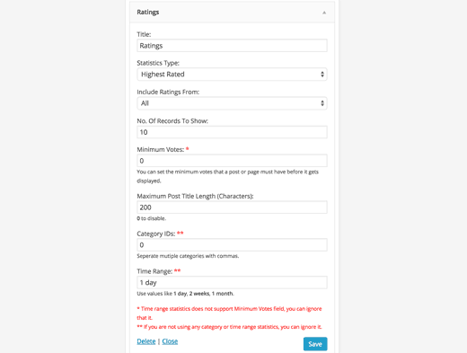 Ratings widget options