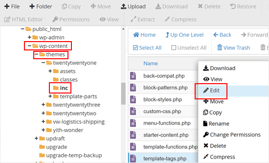 Opening the inc folder for the Twenty Twenty One theme in Bluehost file manager