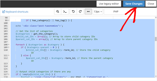 Making changes to the code that displays the category list in the post loop using the Bluehost file manager