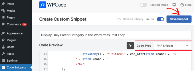 In WPCode, Select PHP as the Code Type and Toggle the Snippet Active