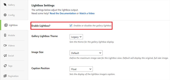 Enable lightbox for image gallery