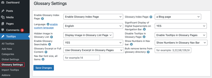 Descrizione comando Glossario Impostazioni