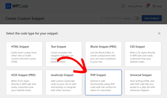 Select PHP Snippet as the code type