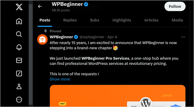 WPBeginner's Twitter page