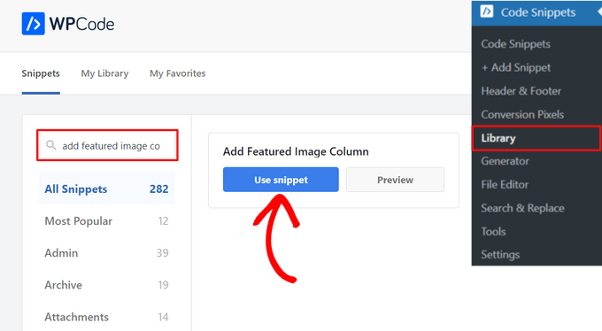 Select the 'Add Featured Image Column' snippet from the library