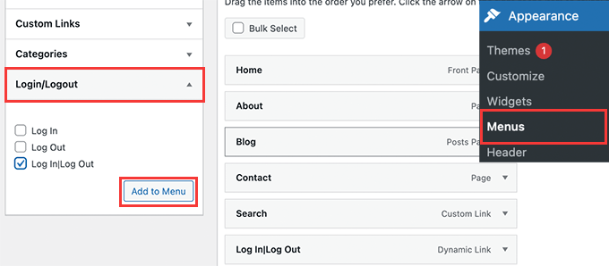 Add login or logout link to specific WordPress menu