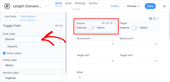 Selecting a form field to customize it in Formidable Forms