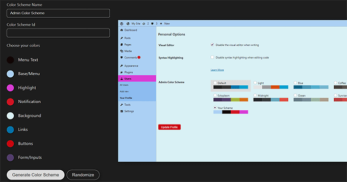 Create a color scheme with WordPress Admin Colors tool