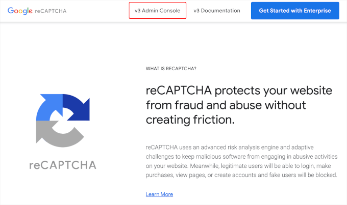 v3 admin console in Google reCaptcha