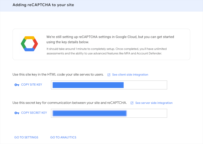 Copy site key and secret key