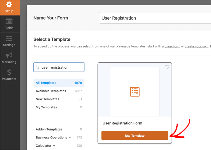 User registration template in WPForms