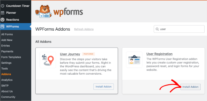 Install user registration addon in WPForms