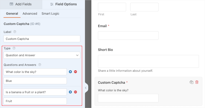 Question and answer for WPForms' custom captcha