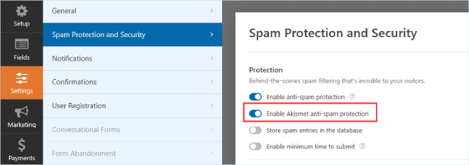 Enable Akismet in WPForms