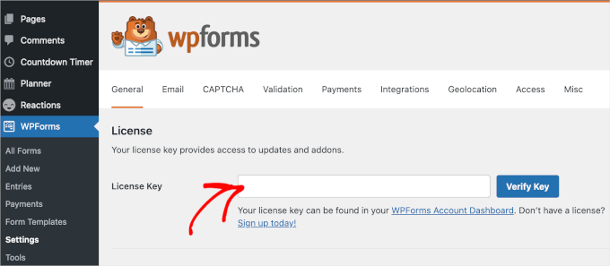 Verify key in WPForms