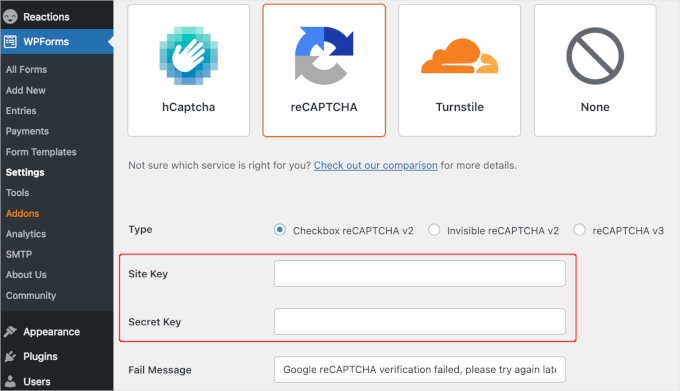 Paste site key and secret key